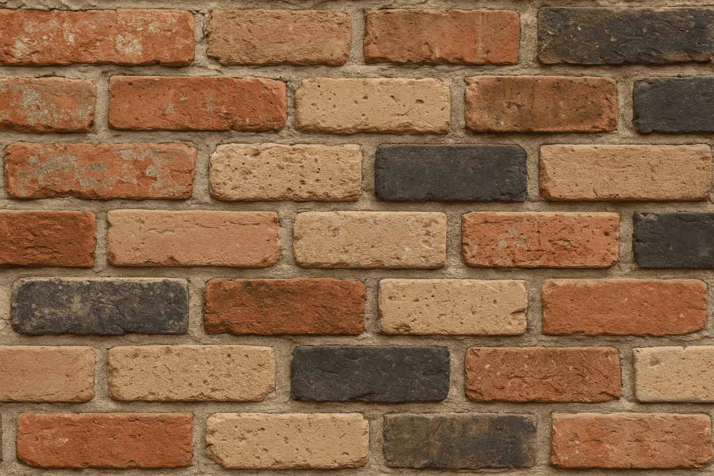 A close-up view of a brick wall showing different types of bricks in red, orange, beige, and dark gray tones with recessed mortar joints.