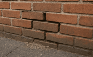 Damaged red brick wall with cracked and recessed mortar joints, showing gaps and crumbling sections near the foundation.