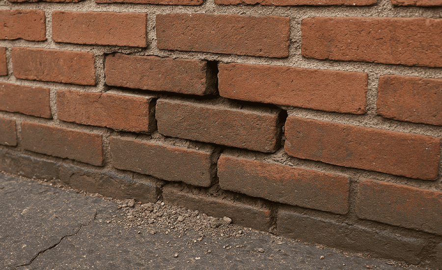 Damaged red brick wall with cracked and recessed mortar joints, showing gaps and crumbling sections near the foundation.