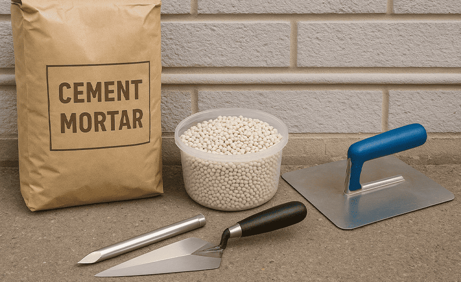 Construction materials and tools for beaded pointing, including a bag of cement mortar, a container of white beads, a pointing trowel, a metal tool, and a hawk with a blue handle, arranged against a light gray brick wall.