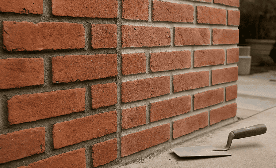 Keyed pointing on brick wall showing smooth mortar joints with clean V-shaped grooves for durability and weather resistance