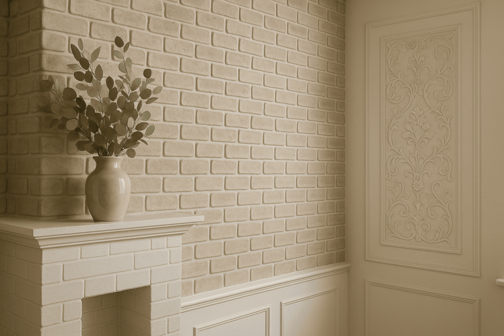 Realistic interior view showing decorative beaded pointing on light beige brick walls, with a classic white fireplace and a ceramic vase holding green eucalyptus branches.