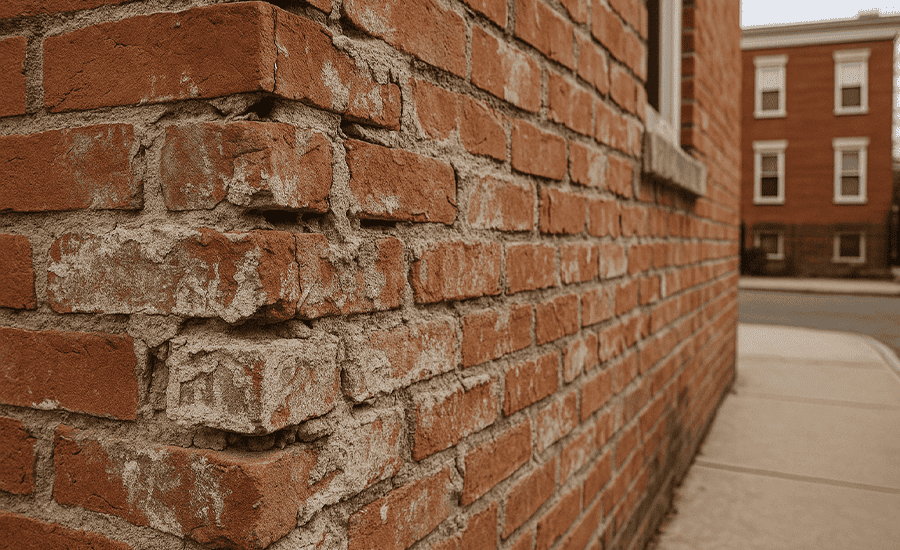 Brick wall in Queens exposed to salt air showing mortar damage, highlighting the need for brick pointing to protect residential and commercial buildings.