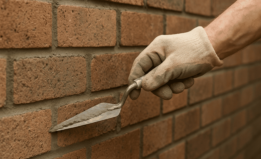 V-pointing on brick masonry showing clean V-shaped mortar joints that improve weather resistance and protect walls from water damage
