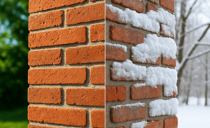 Brick pointing work in progress on exterior wall during summer and winter conditions
