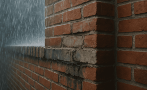 Brick wall with visible mortar joints exposed to heavy rainfall, showing moisture challenges in masonry
