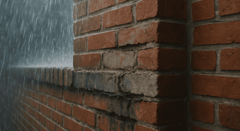 Brick wall with visible mortar joints exposed to heavy rainfall, showing moisture challenges in masonry