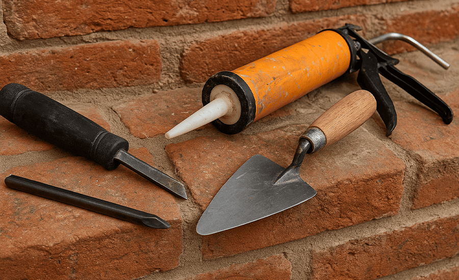 Essential masonry tools for V-pointing including trowel, jointing tool, mortar board, chisel, and brush arranged for brickwork repair.