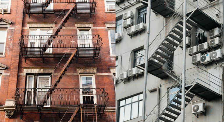 Aluminum and steel fire escapes installed on NYC residential building showing durable and modern design comparison