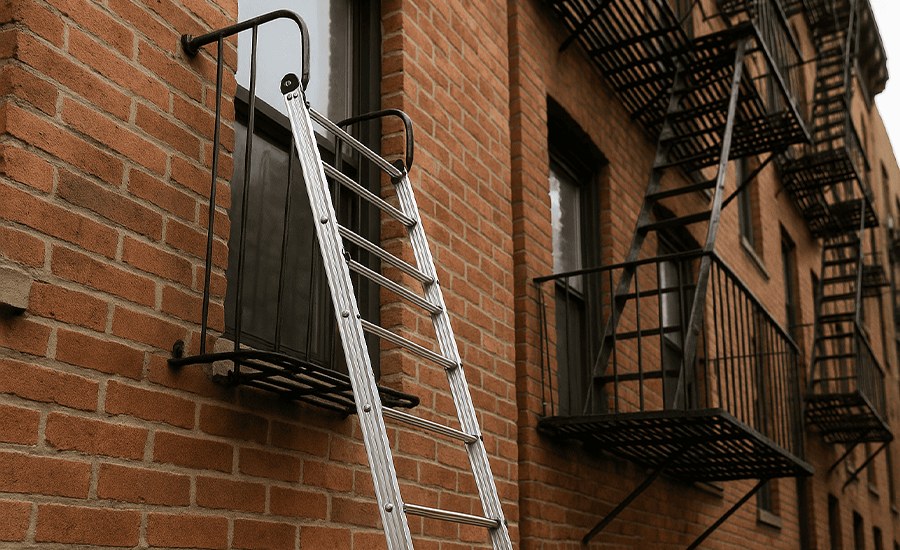 Collapsible fire escape ladder on a New York City building exterior showing metal structure and safety compliance design.
