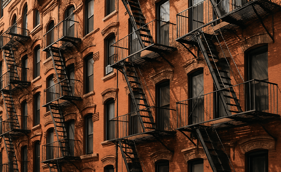NYC fire escape on a residential building showing metal staircases and safety design