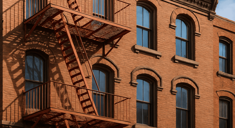 Fire escape installation on a historic NYC building showing classic architecture with modern safety design