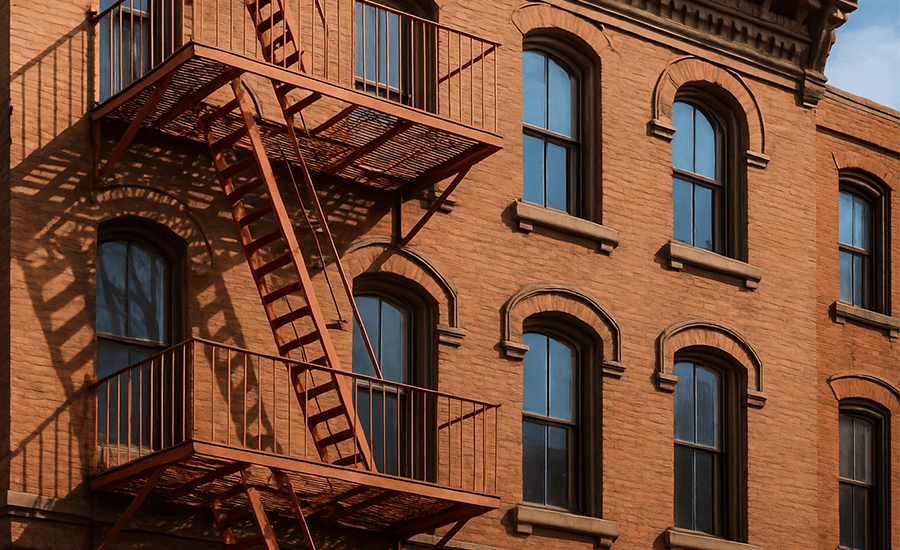 Fire escape installation on a historic NYC building showing classic architecture with modern safety design
