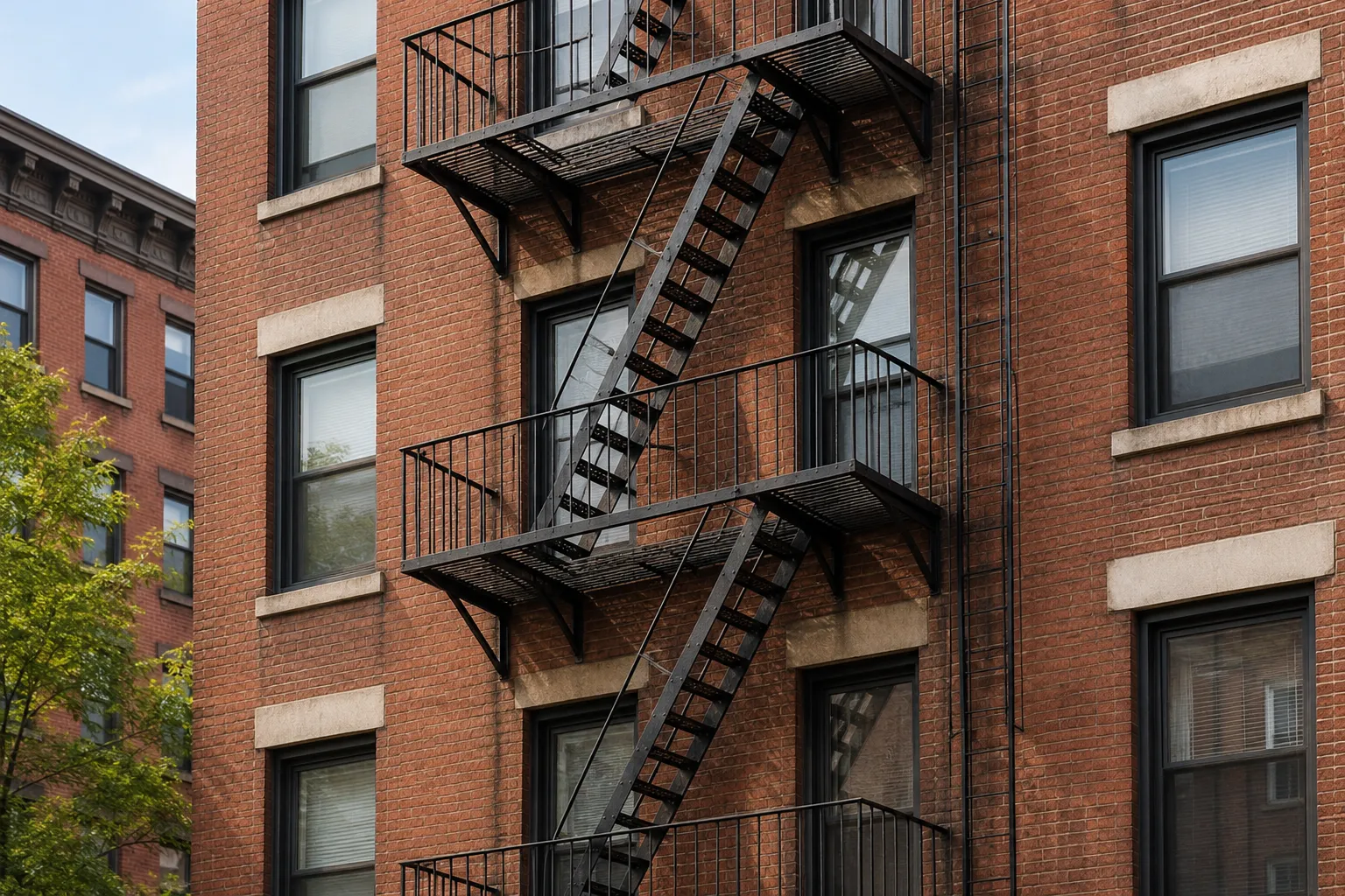 Exterior metal fire escape attached to a brick NYC apartment building Exterior metal fire escape attached to a brick NYC apartment building