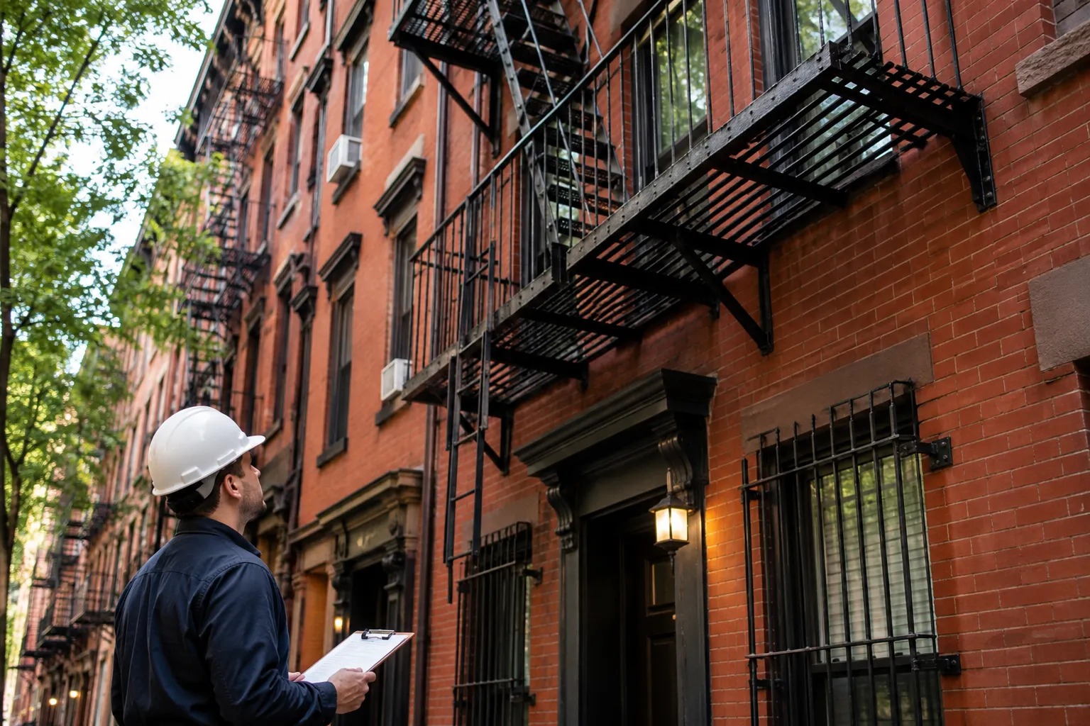 Inspector reviewing fire escape code compliance on a NYC brick apartment building Inspector reviewing fire escape code compliance on a NYC brick apartment building