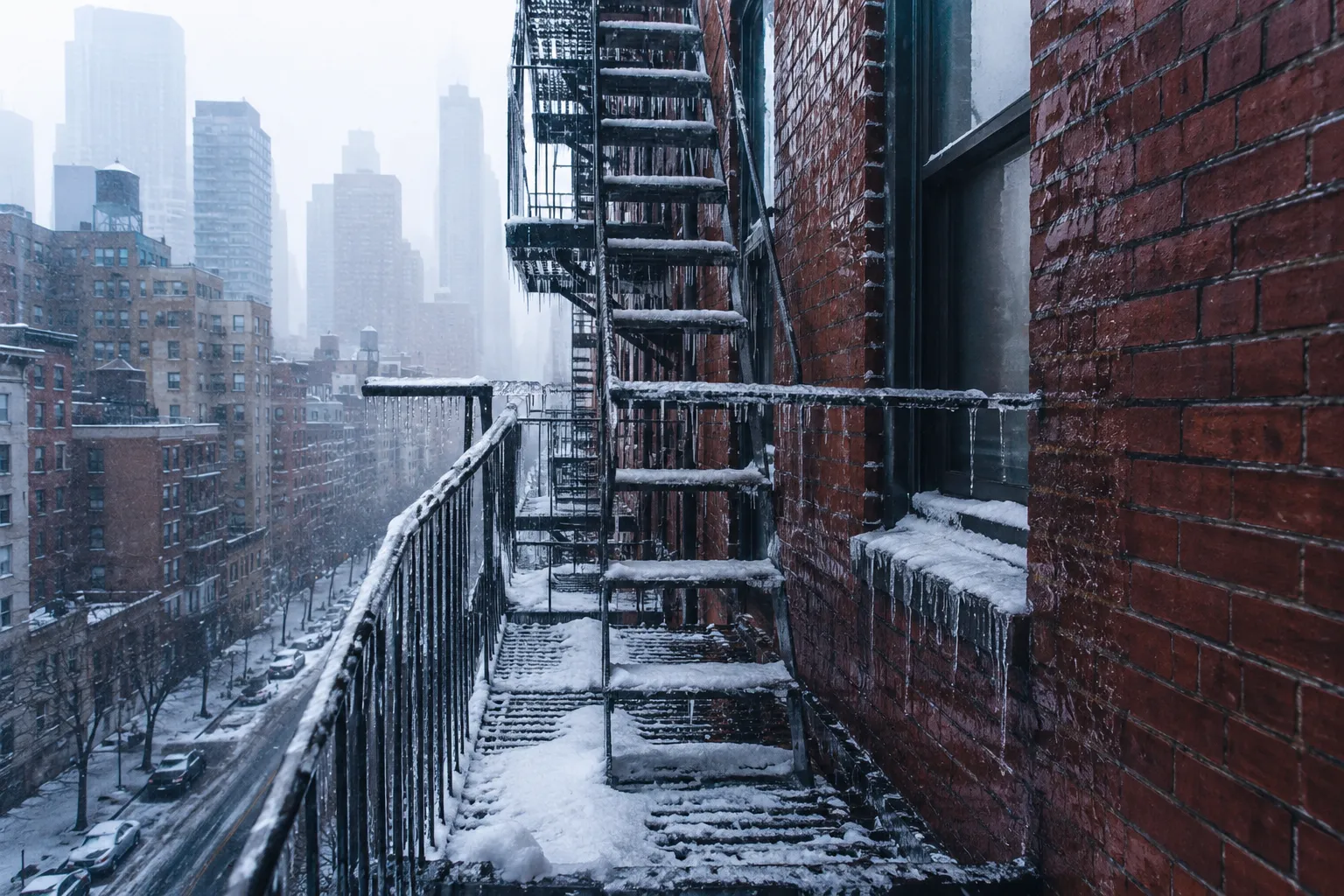 Snow and ice covering a NYC fire escape during winter weather Snow and ice covering a NYC fire escape during winter weather