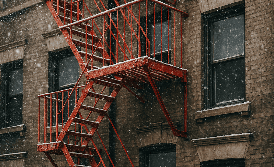 Fire escape in NYC covered with snow during winter, showing rust and ice buildup on metal stairs and railings — representing cold weather damage and maintenance challenges.