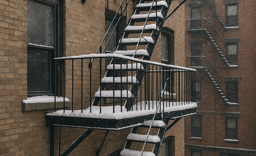 Snow-covered fire escape in NYC with safe winter maintenance in progress, showing proper snow removal to prevent slips, rust, and structural damage.