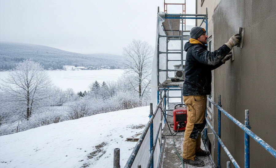 Stucco repair being done in cold weather using winter-grade materials and protective coverings to ensure proper curing and durability.