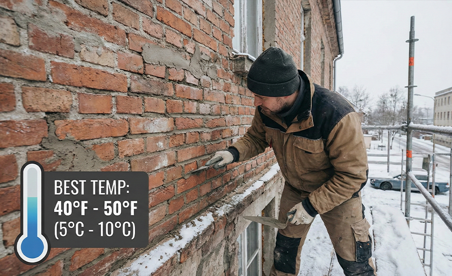 Mason performing brick pointing in cold weather using winter-safe mortar techniques