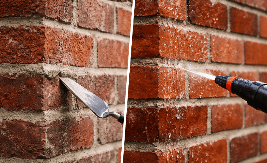 Brick pointing and waterproofing comparison showing mortar joint repair and water spray protection on brick wall