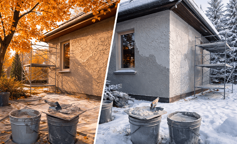 Fall vs winter stucco work comparison showing exterior stucco application in mild autumn weather and cold winter conditions on a residential building