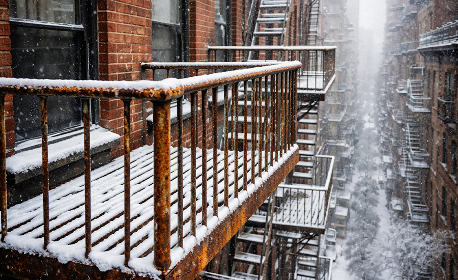 Snow-covered fire escape in New York City showing rust caused by winter moisture and freezing conditions
