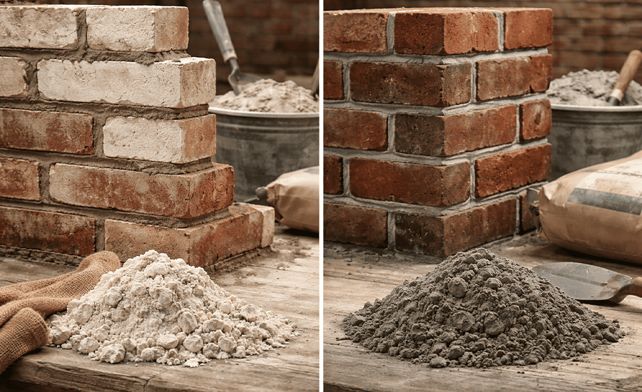 Lime mortar vs cement mortar comparison on brick walls showing texture, color, and joint differences