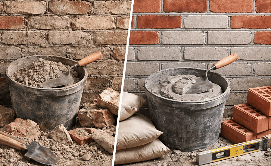 Old mortar vs new mortar comparison showing lime-based mortar and cement-based mortar used in brick masonry and repointing work