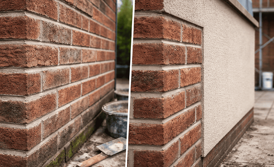 Repointing vs rendering comparison showing exposed brick mortar joints on one side and rendered masonry wall on the other