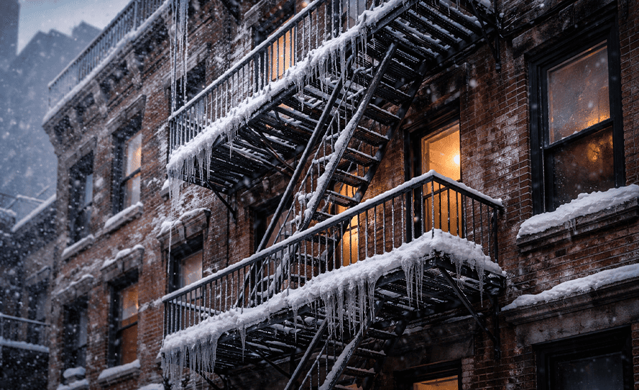 Snow-covered fire escape on a NYC apartment building during winter, showing ice buildup, metal stairs, and exterior balconies