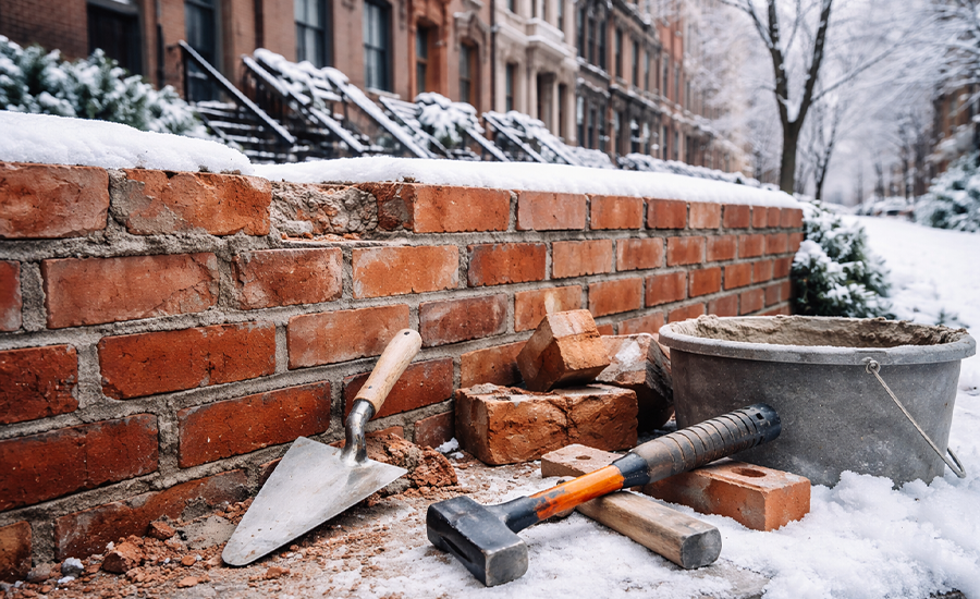 Winter brick repair work on a NYC townhouse wall showing exposed mortar, loose bricks, and masonry tools in snowy conditions