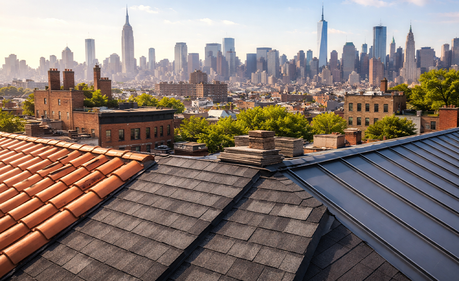 Best roofing materials for NYC homes showing asphalt shingles, metal roofing, and tile roofs across New York City skyline