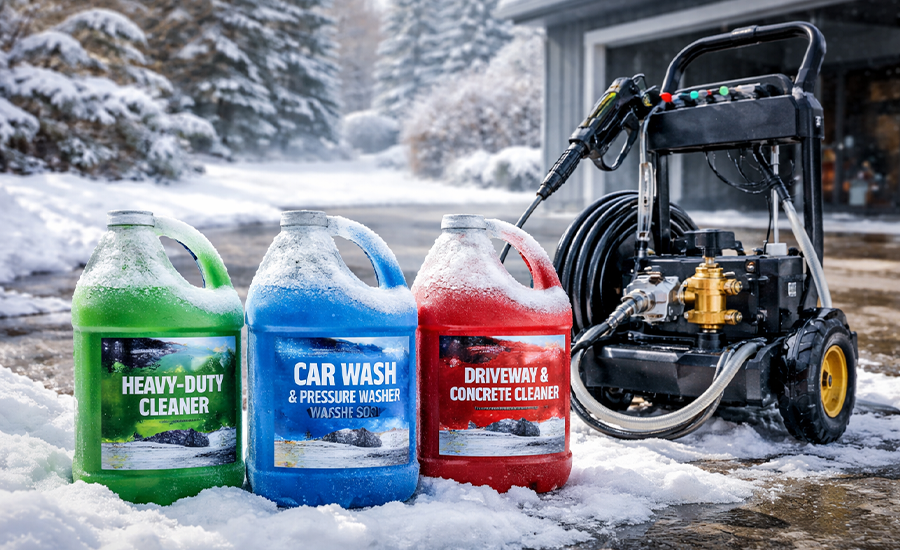 Winter-safe pressure washing detergents placed on a snowy driveway beside a pressure washer, showing cold-weather outdoor cleaning setup