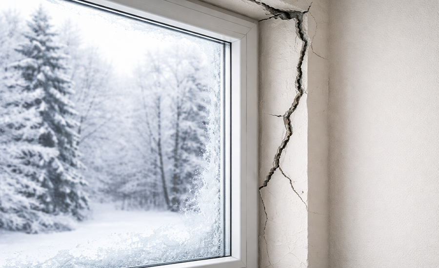 Cracks forming around a window frame during winter due to cold temperatures and structural stress