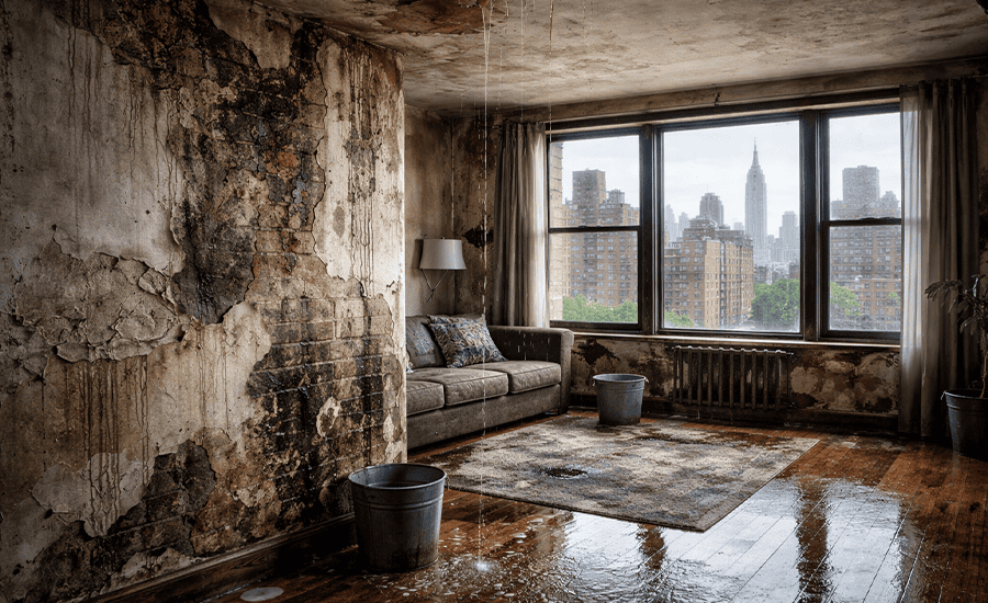 Long-term moisture damage inside an NYC apartment with visible wall deterioration and water intrusion