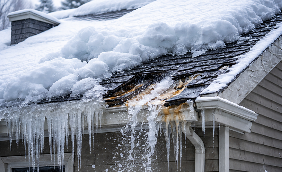 Snow and ice buildup causing roof damage during freezing winter conditions