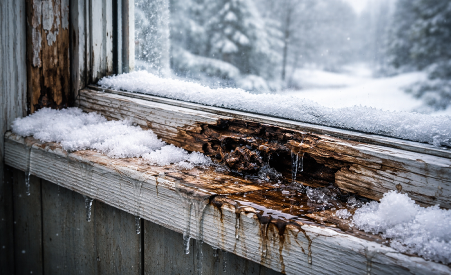 Winter weather damage on a wooden window sill caused by moisture, snow, and freezing temperatures