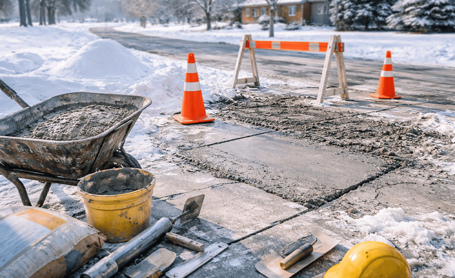 Concrete repairs being performed during winter conditions on a sidewalk with fresh concrete and safety barriers.