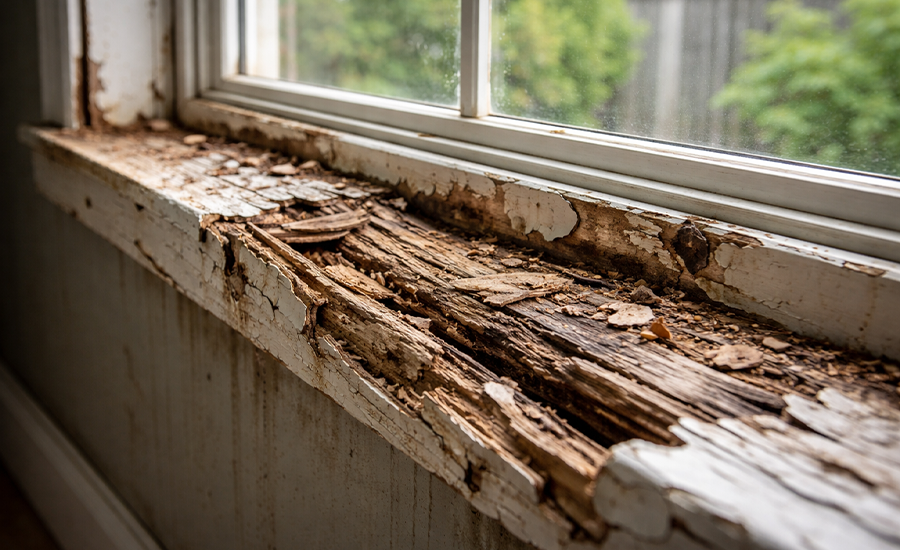 Damaged wooden window sill with rot and peeling paint caused by moisture exposure