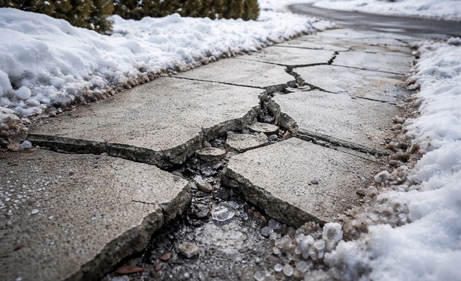 Cracked concrete sidewalk caused by freeze-thaw cycles during winter conditions