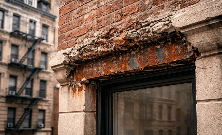Rust-damaged steel lintel above window in an older NYC brick building showing masonry deterioration