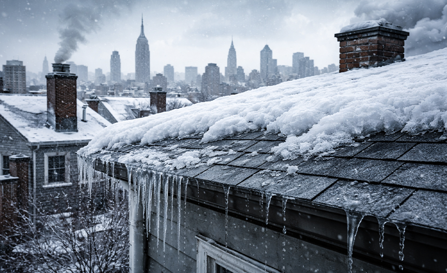 Snow-covered roof with ice dams and icicles during winter in New York City