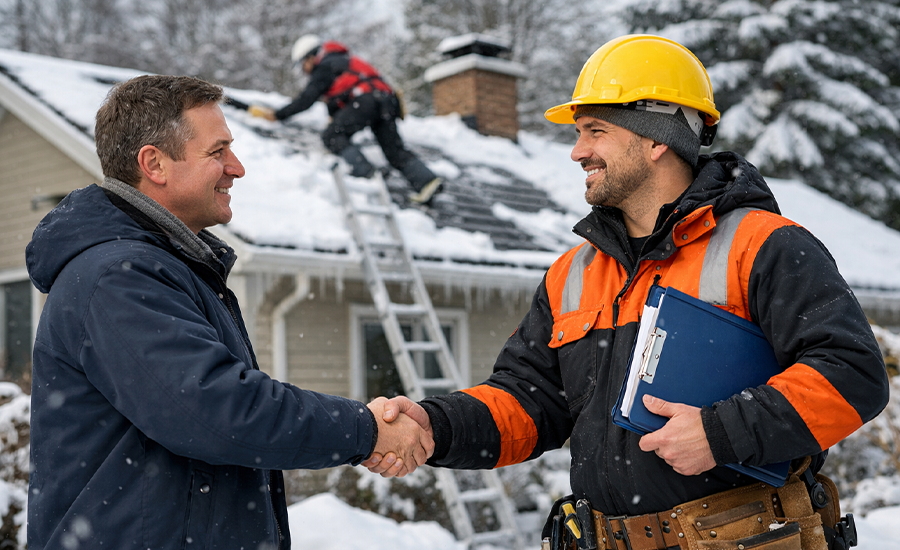 Reliable roofer discussing winter roof repairs with a homeowner at a snow-covered house in NYC