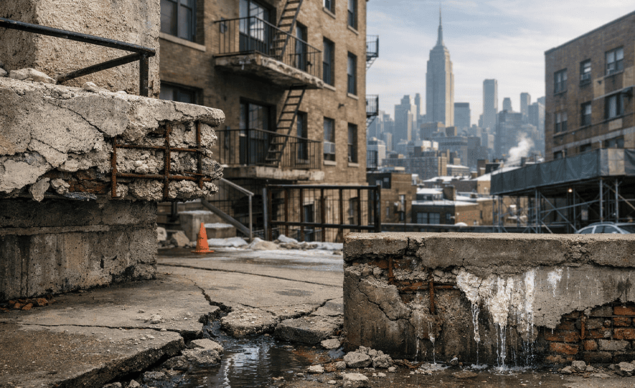 Deteriorating concrete surfaces in NYC residential buildings showing cracks, spalling, and weather damage