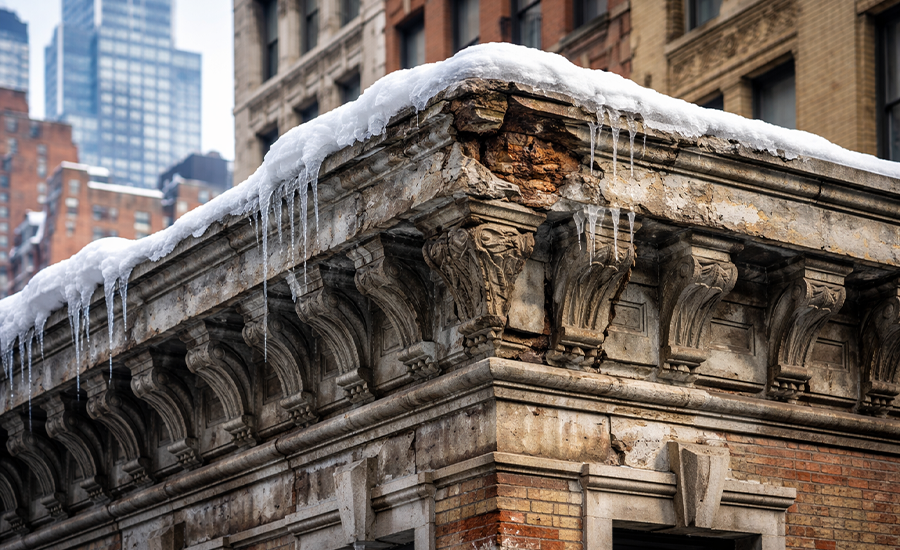 freeze-thaw damage on historic NYC building cornice with snow and icicles causing masonry deterioration