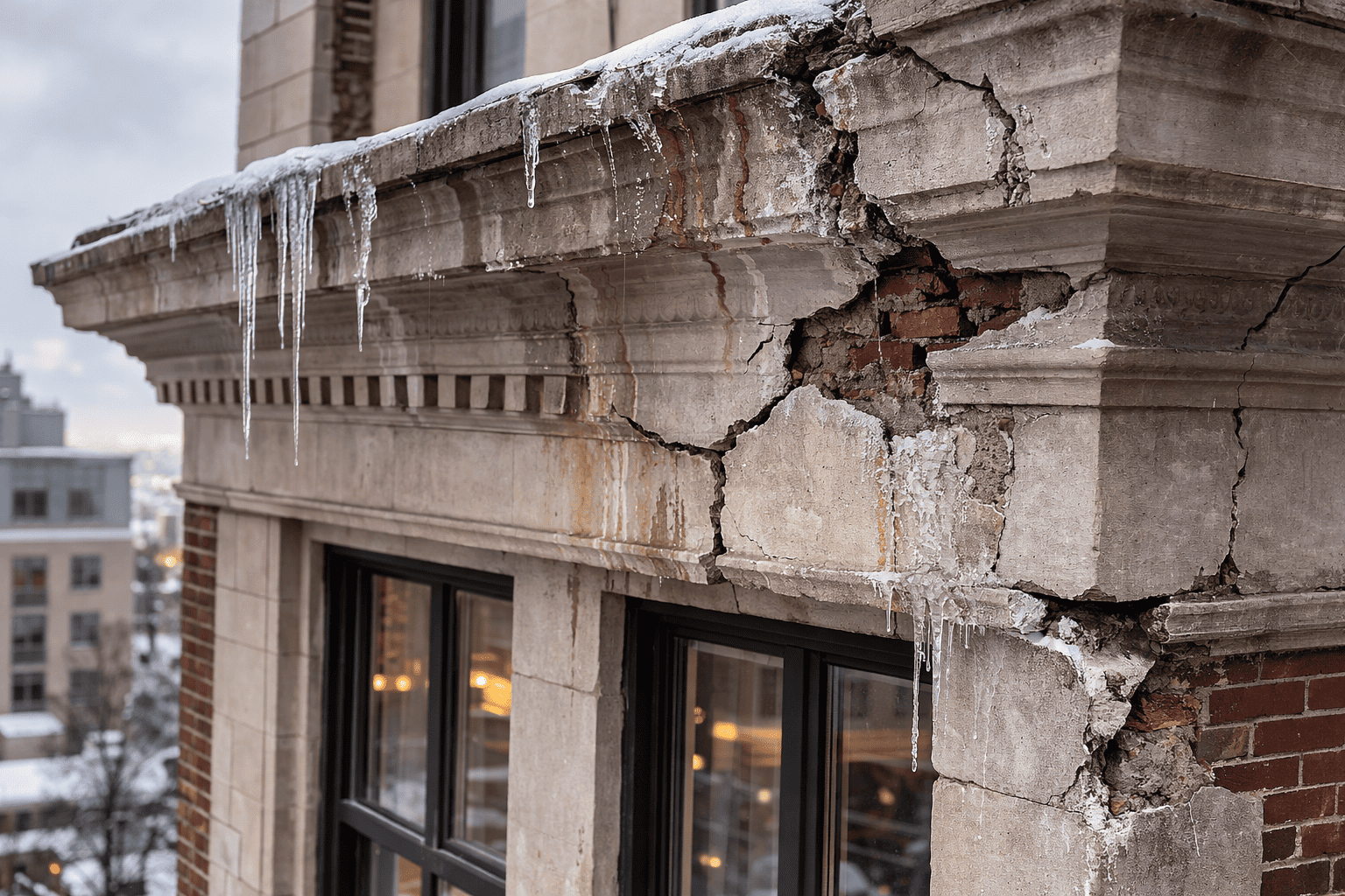 Cracked and deteriorating building cornice caused by freeze-thaw damage on a masonry facade Cracked and deteriorating building cornice caused by freeze-thaw damage on a masonry facade