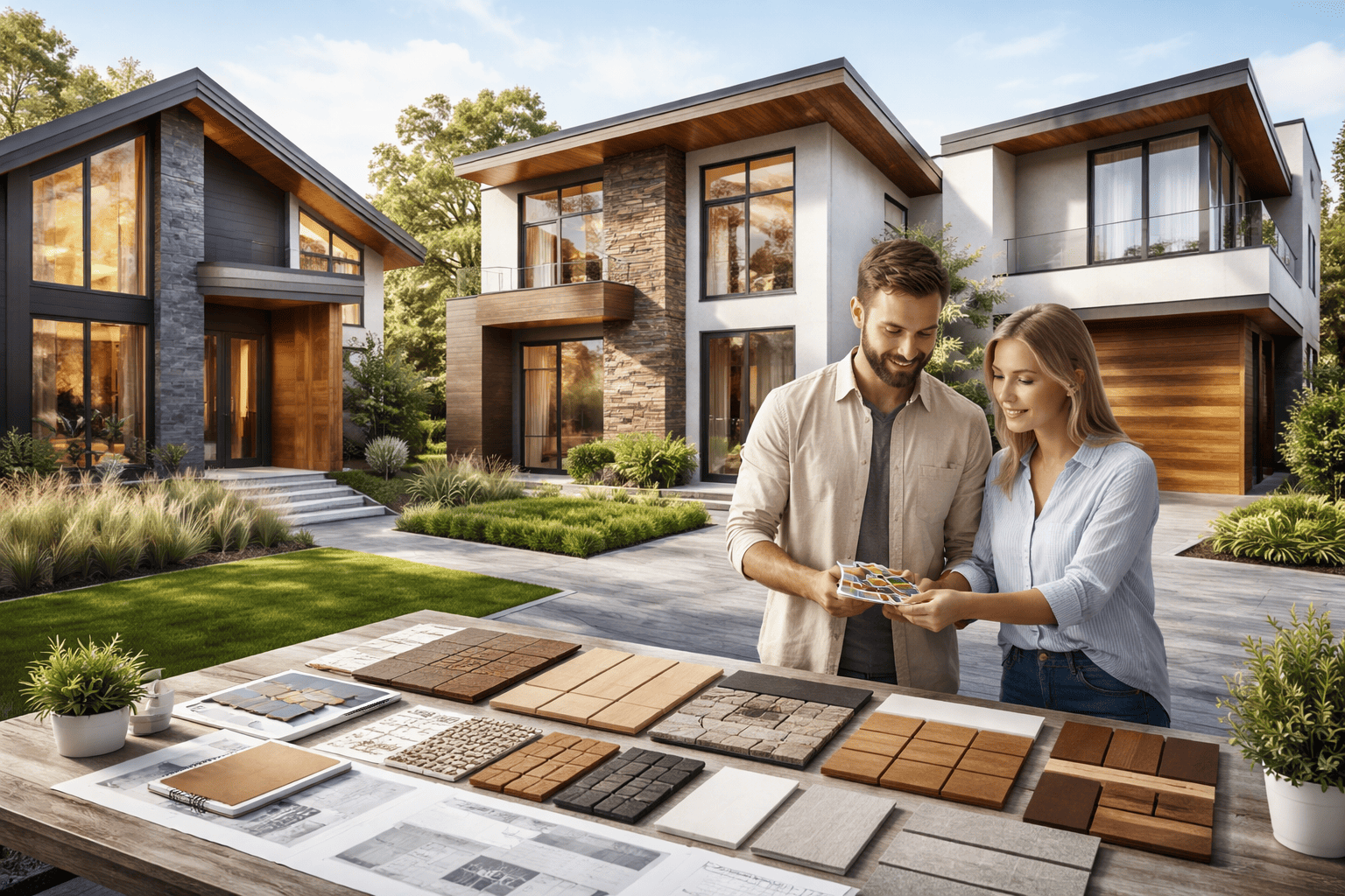 Property owners reviewing facade material samples in front of modern residential buildings in NYC Property owners reviewing facade material samples in front of modern residential buildings in NYC