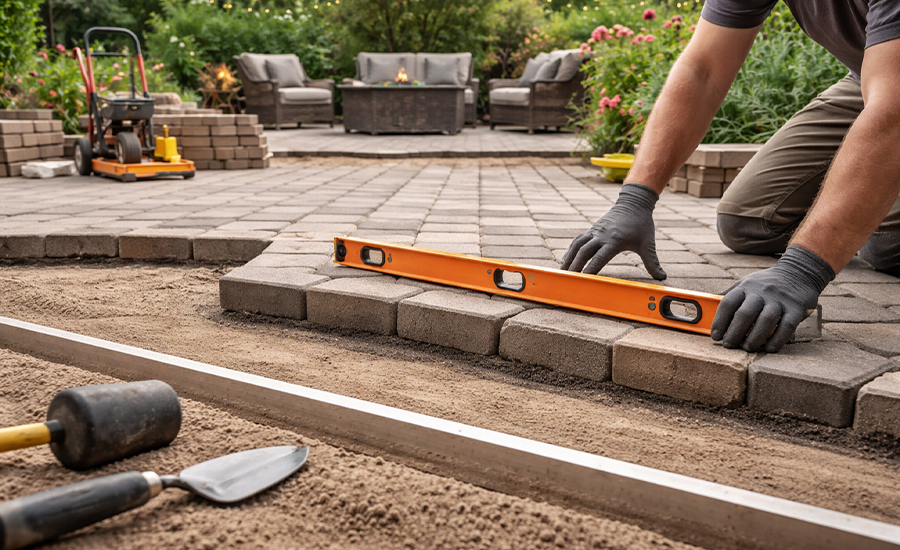 how to level pavers for patio installation in NYC with proper base and leveling tools