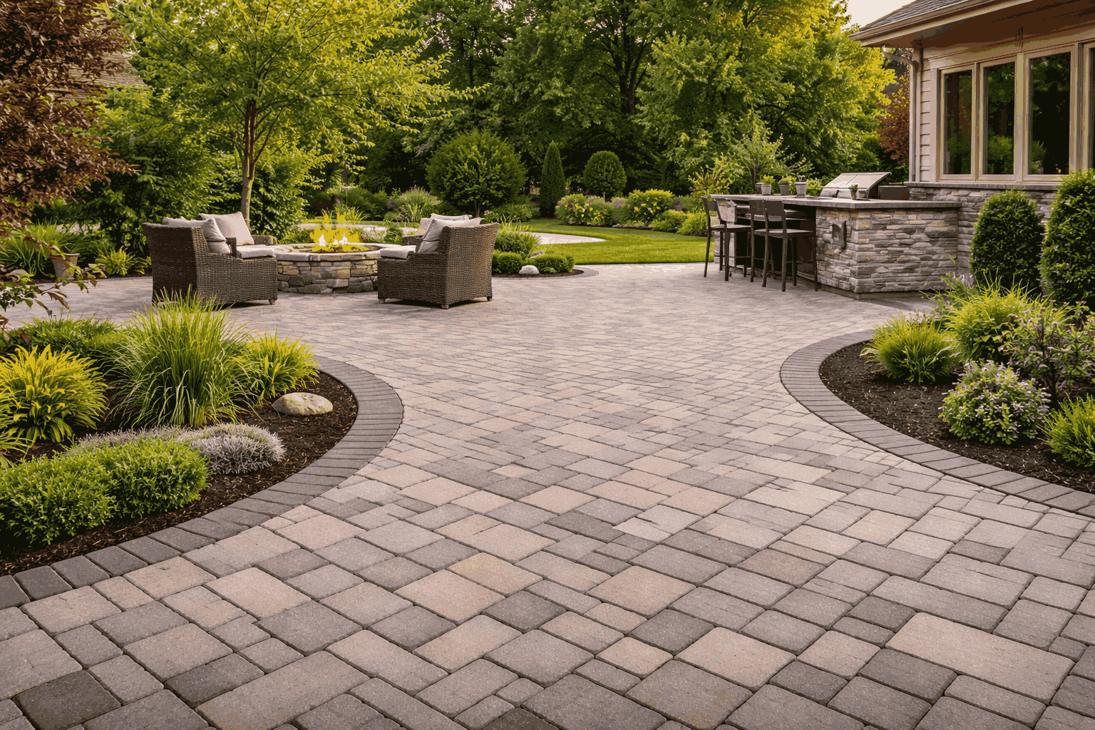 Residential paver patio with outdoor seating area and landscaped garden showing durable and stylish paver installation